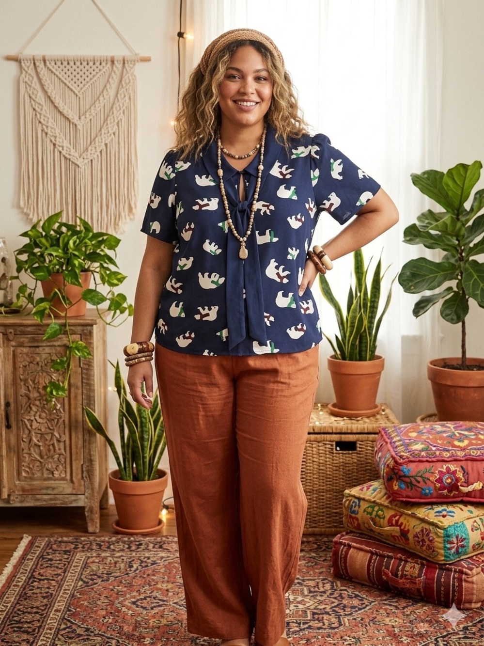 Modcloth Navy Tie-Neck Blouse with Polar Bear Motif 1X